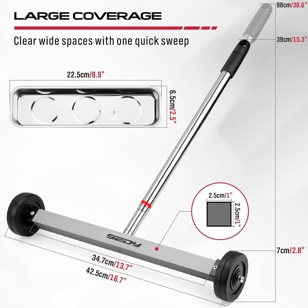 Magnet Sweeper Magnetic Nail Roller: 17-Inch Heavy Duty Magnet Nail Pickup Rolling Tool with Telescoping Adjustable Handle 8.8-Pound Capacity Ideal for Workshop Garage Yard Construction Cleanup