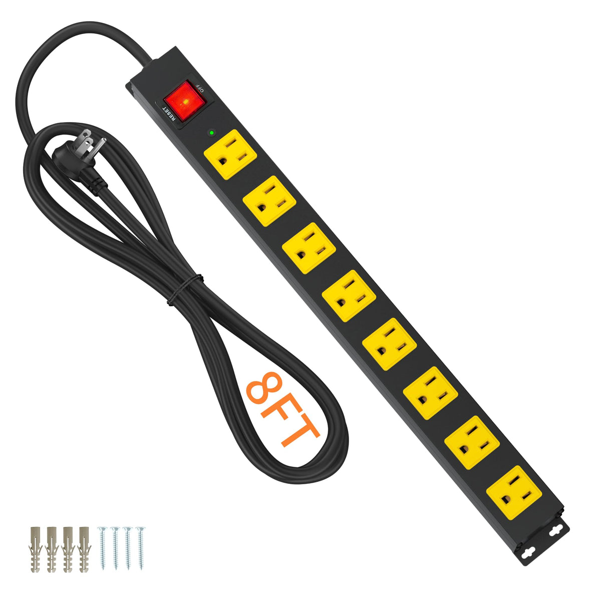 8 Outlet Long Power Strip, 2100J Surge Protector Heavy Duty 6FT Cord Wide Spaced and Wall Mount Metal Powerstrip for Home Office Garage Workshop