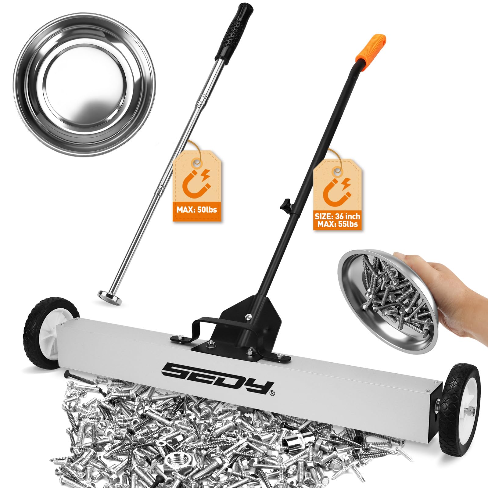 Magnet Sweeper Magnetic Nail Roller: 17-Inch Heavy Duty Magnet Nail Pickup Rolling Tool with Telescoping Adjustable Handle 8.8-Pound Capacity Ideal for Workshop Garage Yard Construction Cleanup