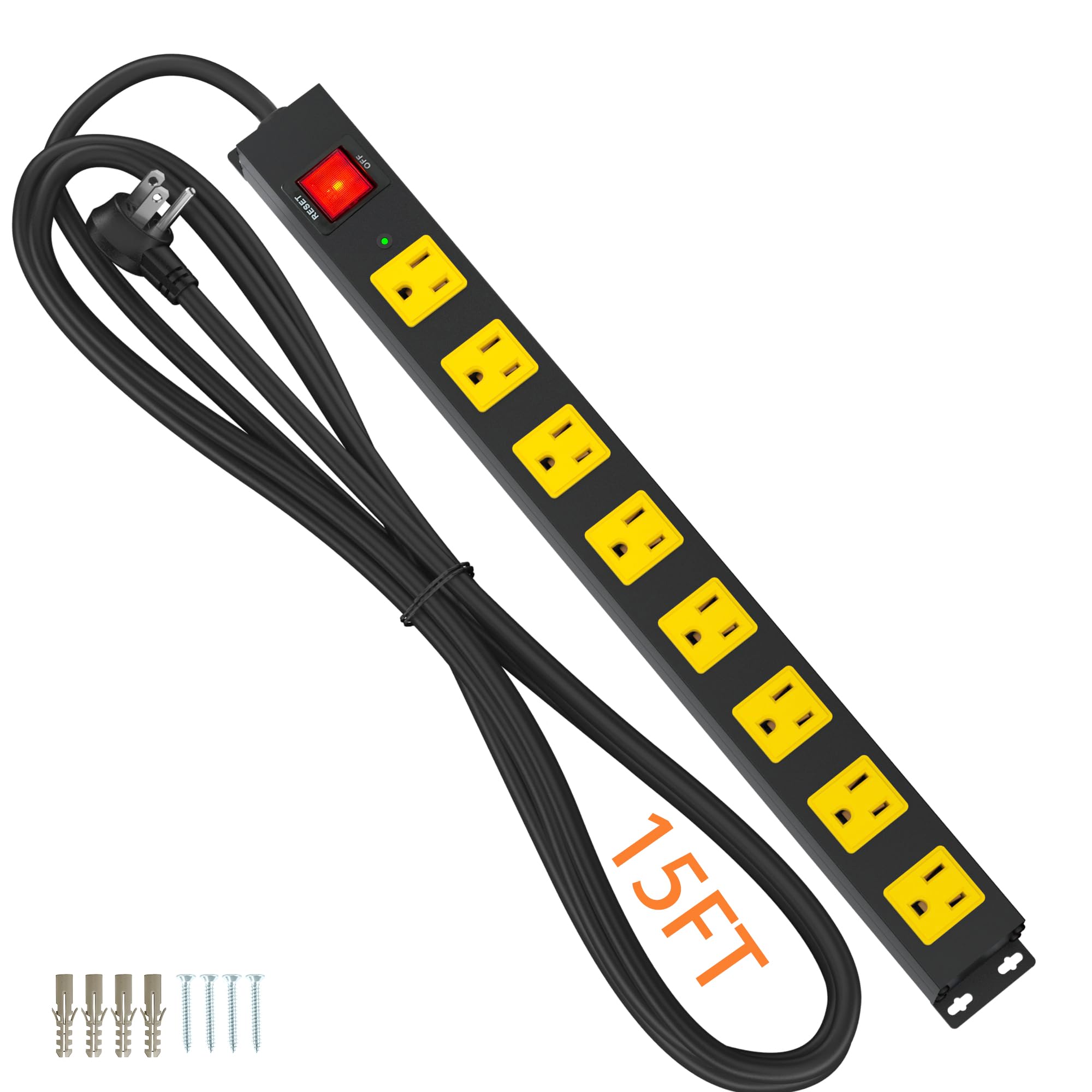 8 Outlet Long Power Strip, 2100J Surge Protector Heavy Duty 6FT Cord Wide Spaced and Wall Mount Metal Powerstrip for Home Office Garage Workshop