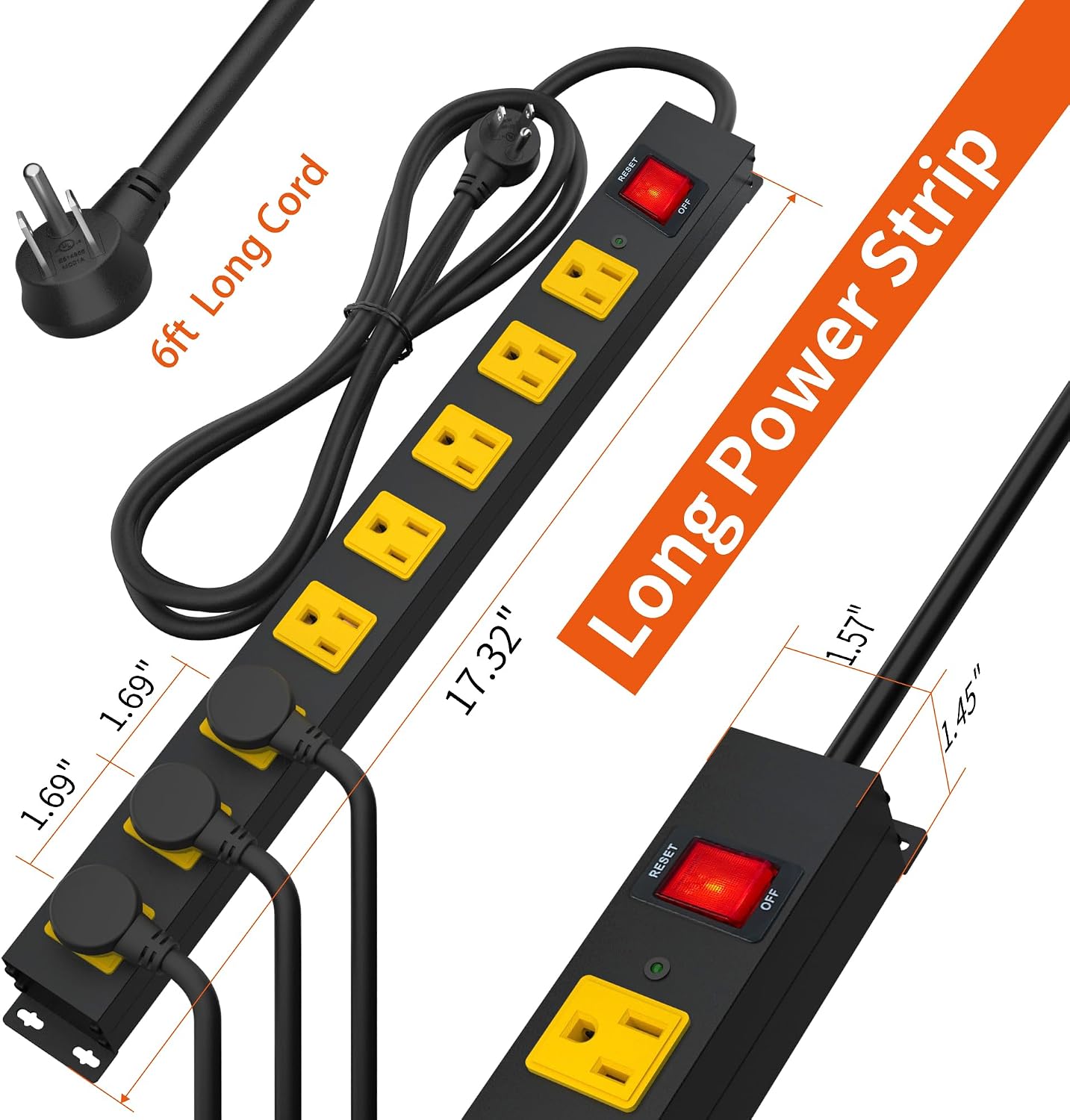8 Outlet Long Power Strip, 2100J Surge Protector Heavy Duty 6FT Cord Wide Spaced and Wall Mount Metal Powerstrip for Home Office Garage Workshop
