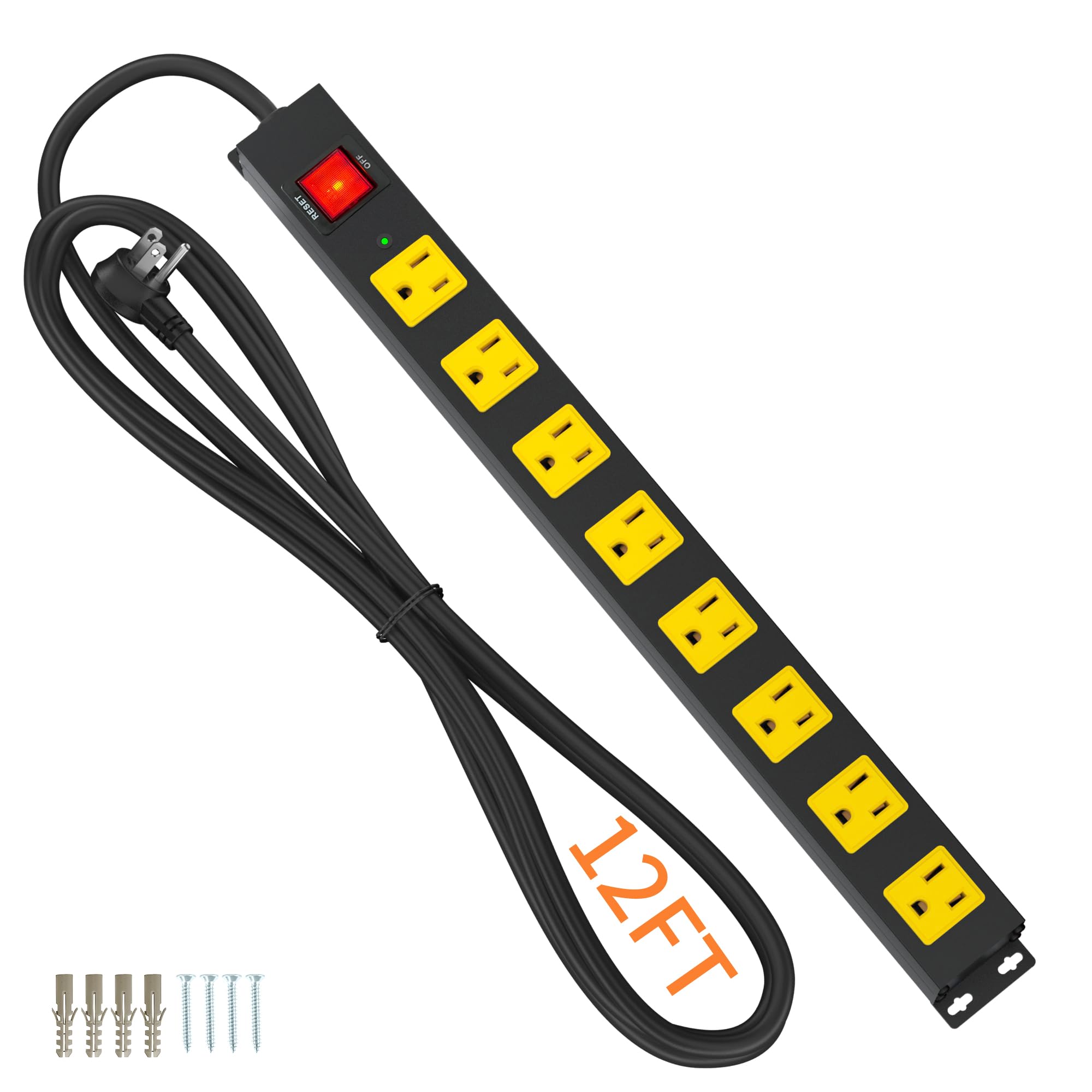 8 Outlet Long Power Strip, 2100J Surge Protector Heavy Duty 6FT Cord Wide Spaced and Wall Mount Metal Powerstrip for Home Office Garage Workshop