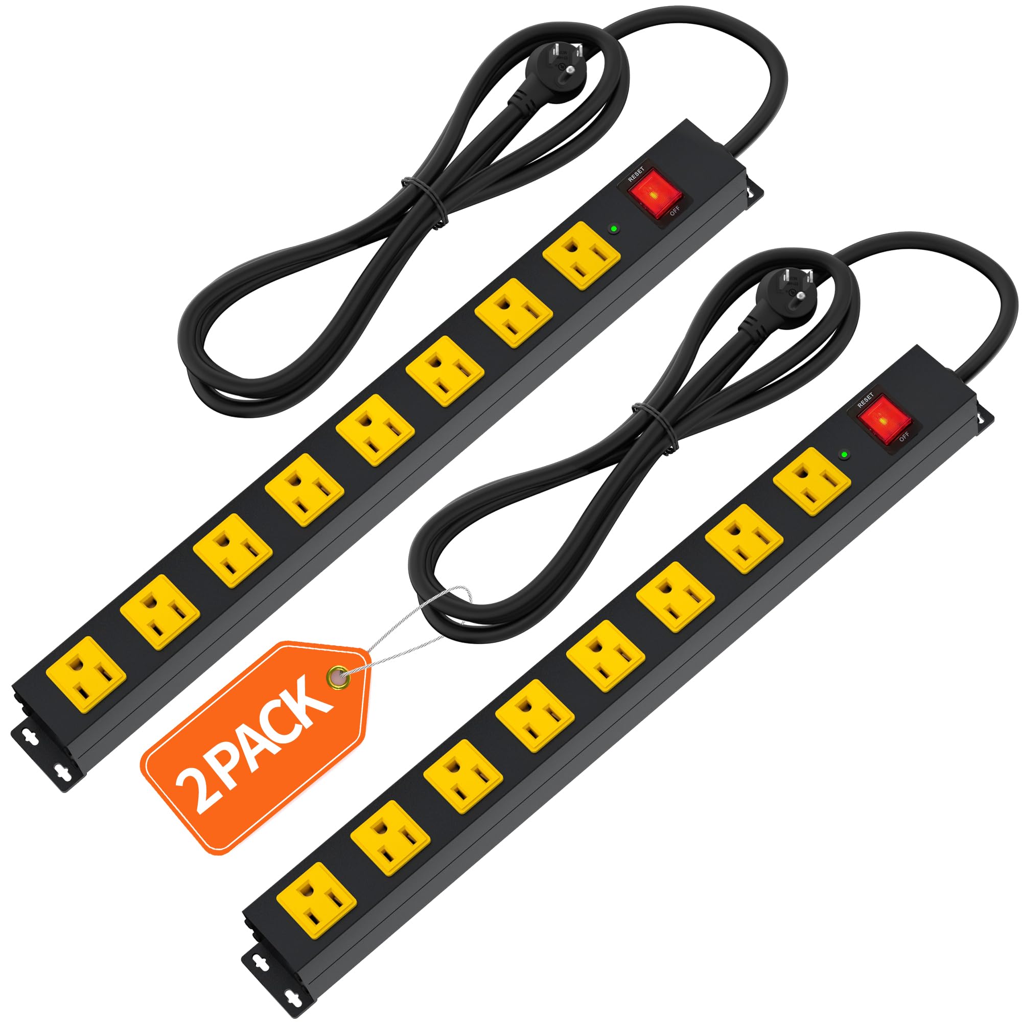8 Outlet Long Power Strip, 2100J Surge Protector Heavy Duty 6FT Cord Wide Spaced and Wall Mount Metal Powerstrip for Home Office Garage Workshop
