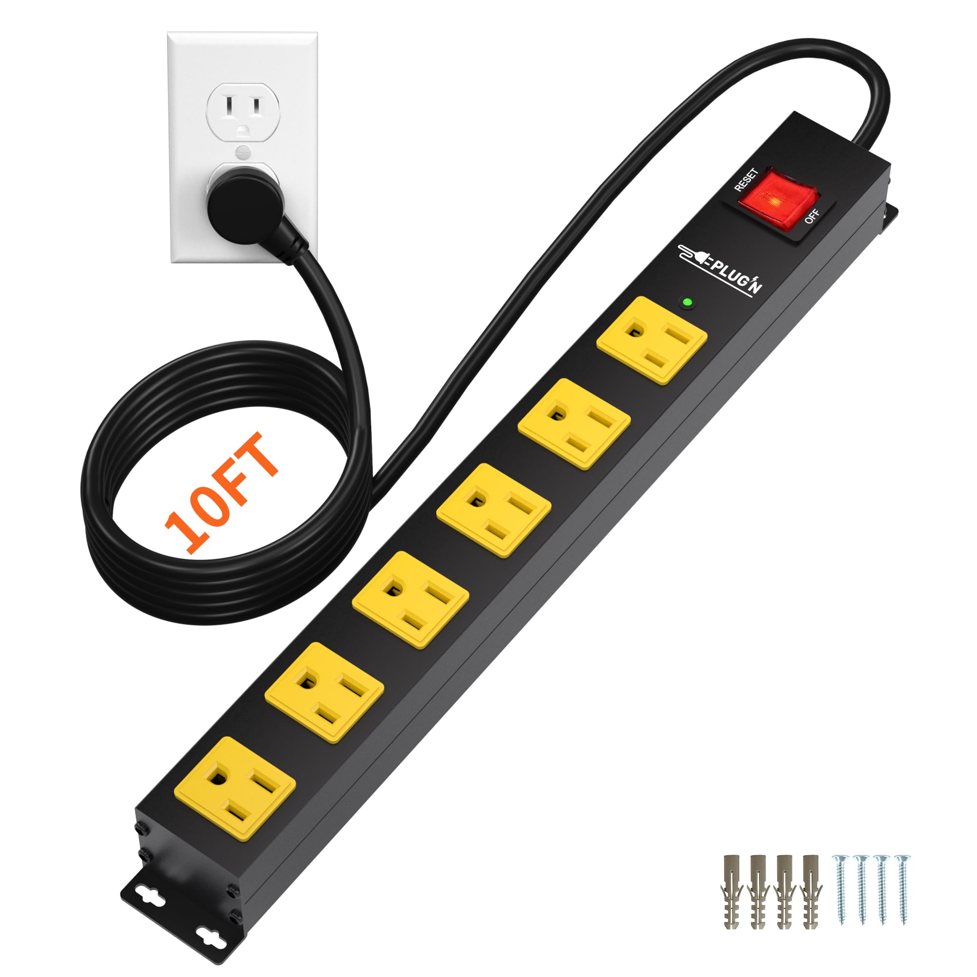 8 Outlet Long Power Strip, 2100J Surge Protector Heavy Duty 6FT Cord Wide Spaced and Wall Mount Metal Powerstrip for Home Office Garage Workshop