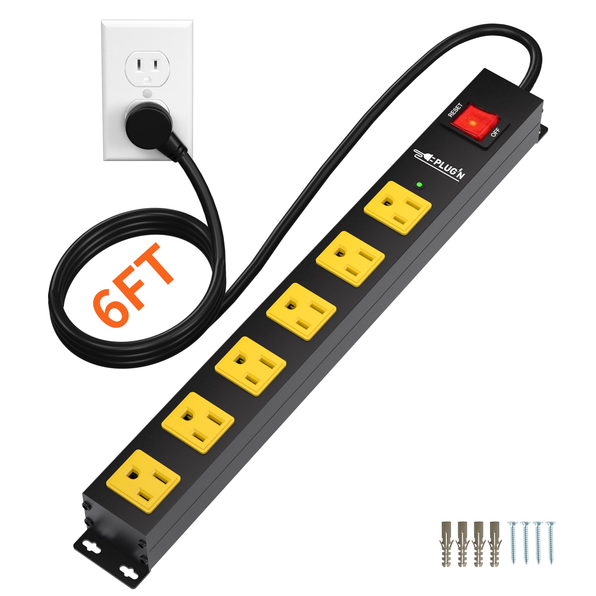 8 Outlet Long Power Strip, 2100J Surge Protector Heavy Duty 6FT Cord Wide Spaced and Wall Mount Metal Powerstrip for Home Office Garage Workshop