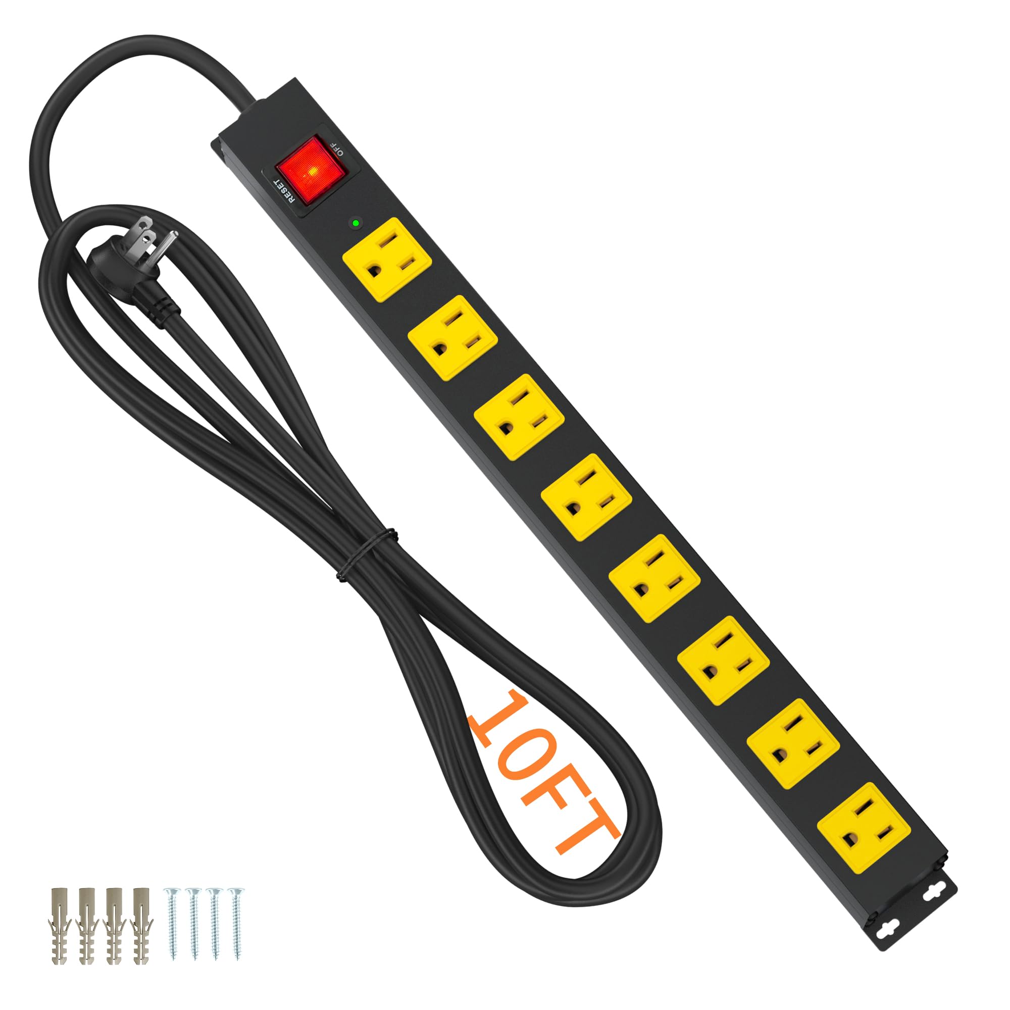 8 Outlet Long Power Strip, 2100J Surge Protector Heavy Duty 6FT Cord Wide Spaced and Wall Mount Metal Powerstrip for Home Office Garage Workshop