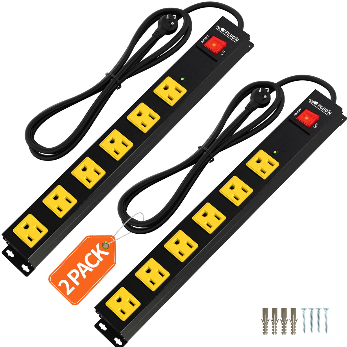 8 Outlet Long Power Strip, 2100J Surge Protector Heavy Duty 6FT Cord Wide Spaced and Wall Mount Metal Powerstrip for Home Office Garage Workshop
