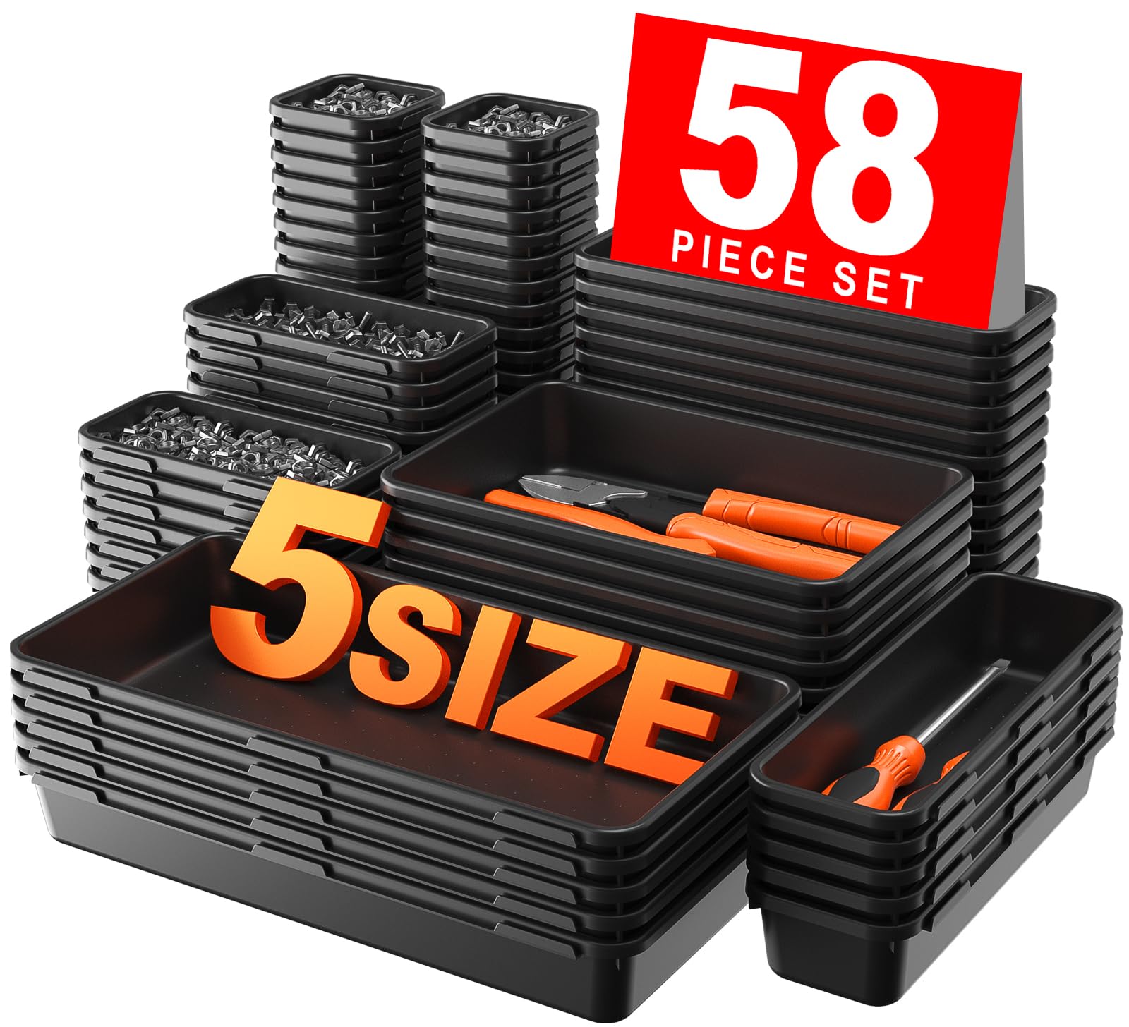 A-LuGei 【More Larger Size】 【69 PCS-5 Size】 Tool Box Organizer Tray Divider Set【Black】 Desk Drawer Organizer Bin, Garage Organization and Storage Toolbox for Rolling Tool Chest Cart Cabinet WorkBench