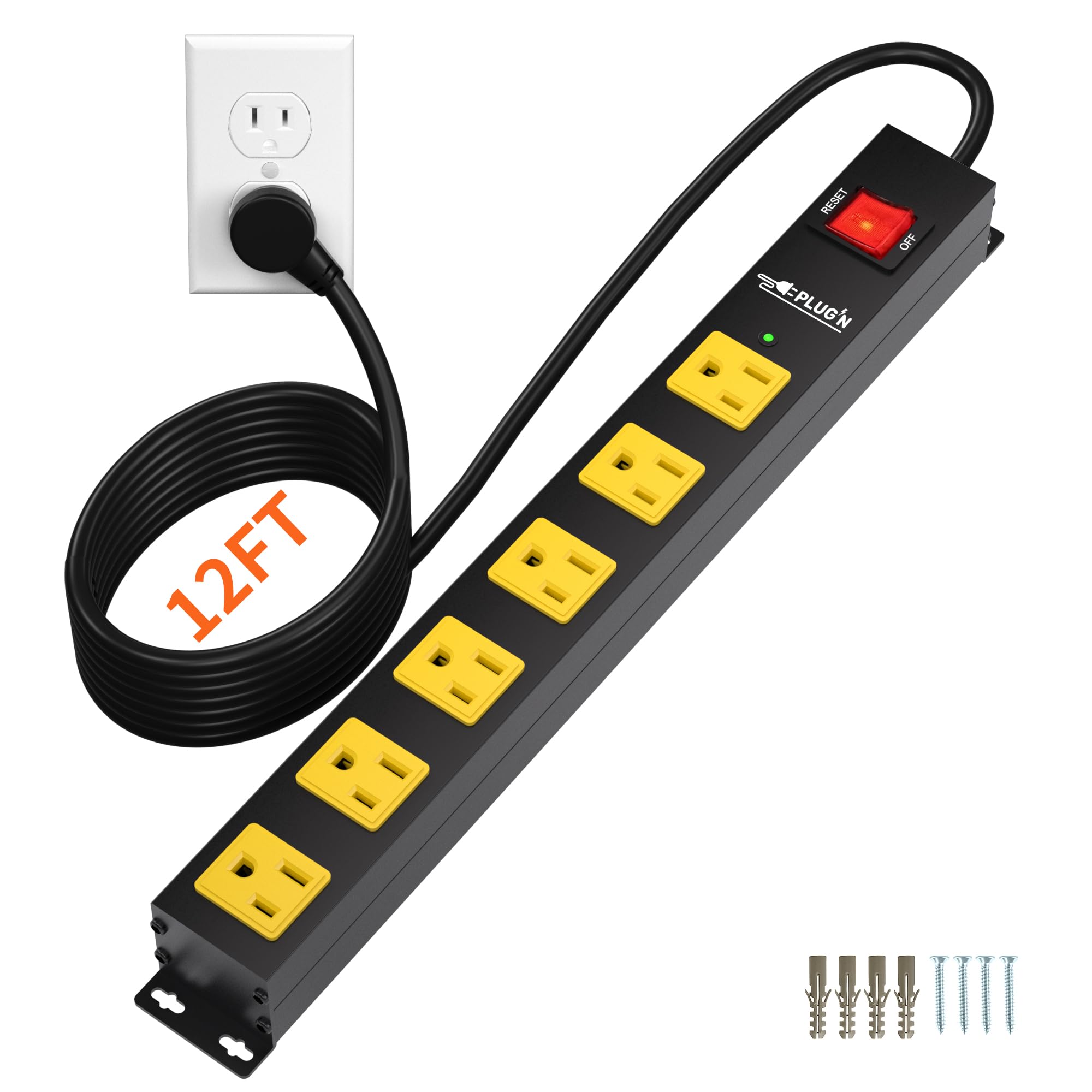 8 Outlet Long Power Strip, 2100J Surge Protector Heavy Duty 6FT Cord Wide Spaced and Wall Mount Metal Powerstrip for Home Office Garage Workshop