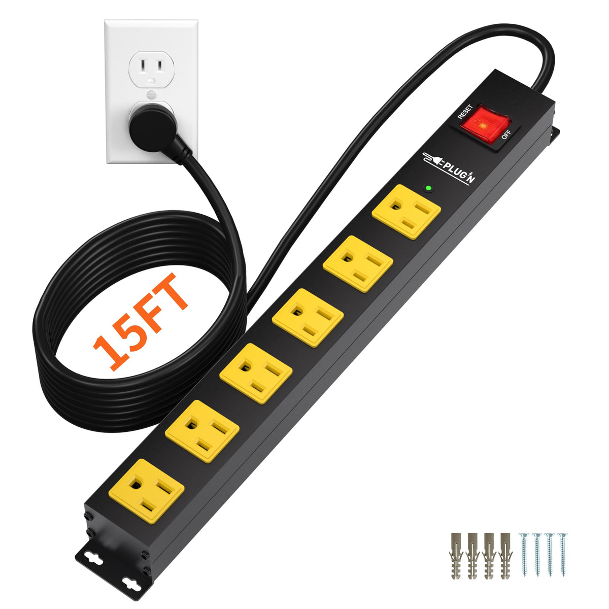 8 Outlet Long Power Strip, 2100J Surge Protector Heavy Duty 6FT Cord Wide Spaced and Wall Mount Metal Powerstrip for Home Office Garage Workshop