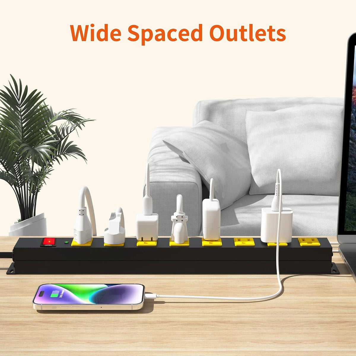 8 Outlet Long Power Strip, 2100J Surge Protector Heavy Duty 6FT Cord Wide Spaced and Wall Mount Metal Powerstrip for Home Office Garage Workshop