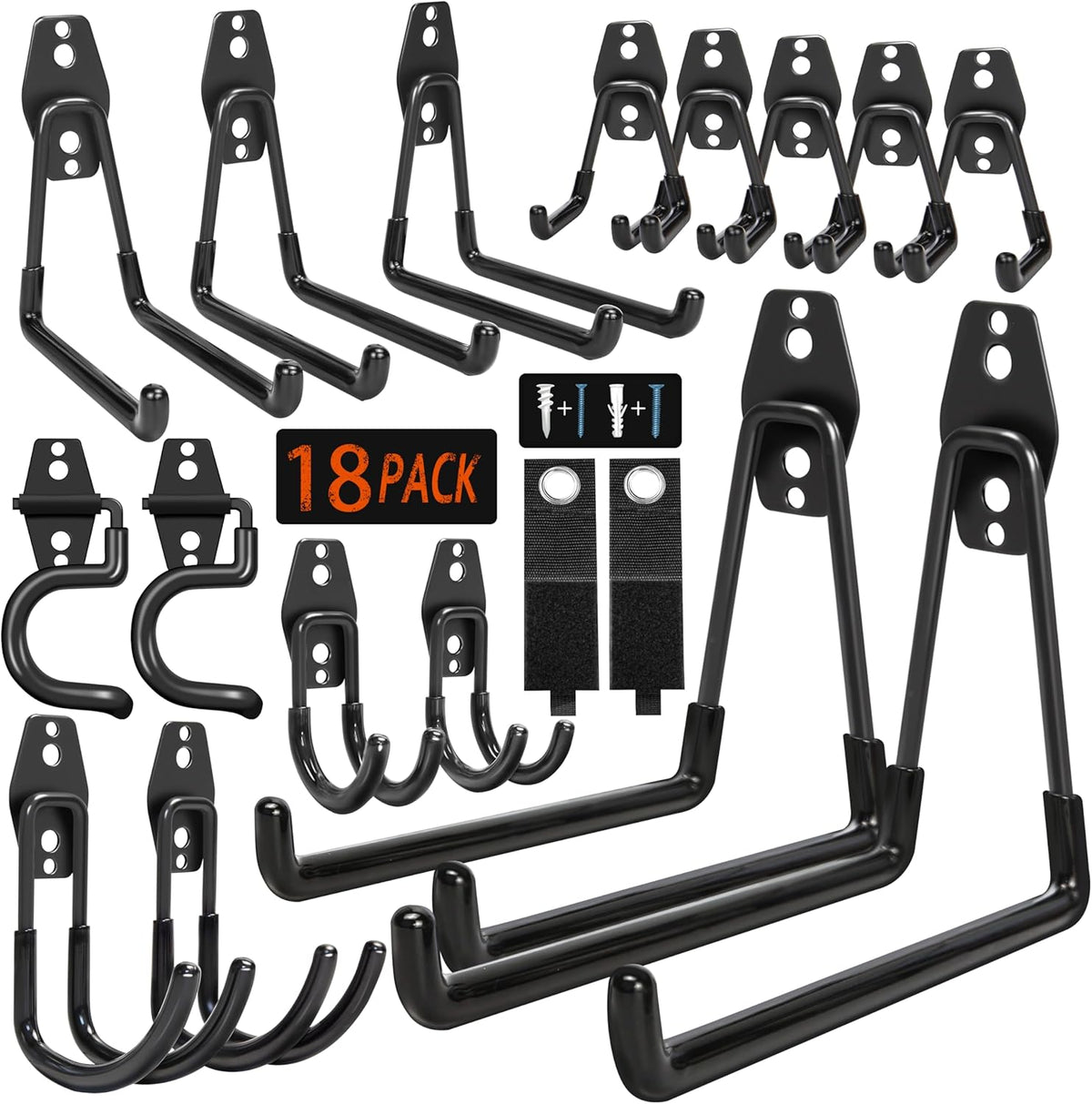 18 Pack Garage Hooks Heavy Duty - Anti-Slip Coating | Garage Storage Hooks for Hanging Bike，Ladder，Garden Tools，Hose